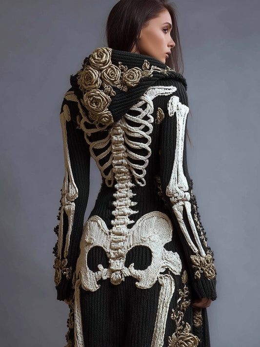 Vintage Skeleton Roses Embroidered Knit Hooded Cardigan artswardrobe