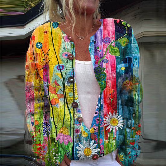 Floral Art Print Long Sleeve Knitted Cardigan elevenforest