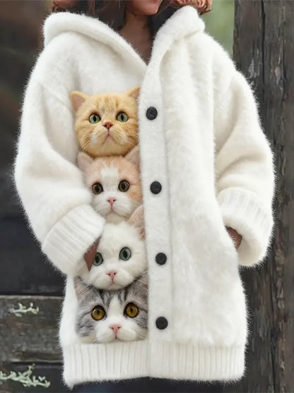 Women's Funny Cats Pattern Art Print Casual Fleece Coat