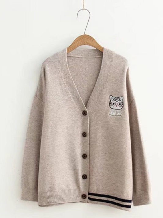 Cat Embroidery Soft Knit Sweater Cardigan elevenforest