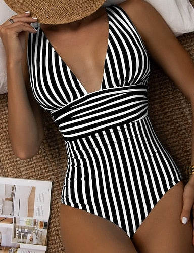 Swimwear One Piece Bikini Shorts Swimsuit Ruched Slimming Backless Vacation Beach Wear Striped Plunge Sleeveless Bathing Suits