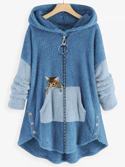 Abrigo polar con capucha, paneles colorblock y bolsillo bordado con gatito