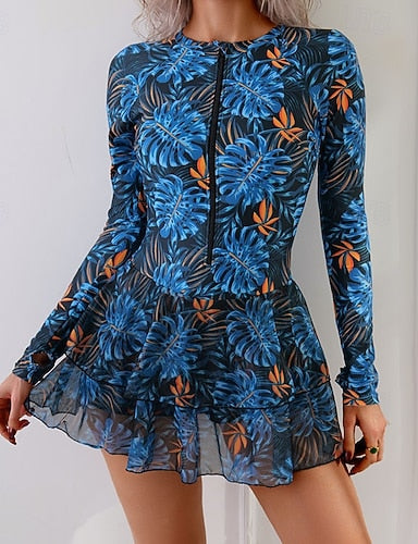Swimwear One Piece Skirt Swimsuit Zipper Vacation Beach Wear Graphic Leaves High Neck Long Sleeve Bathing Suits