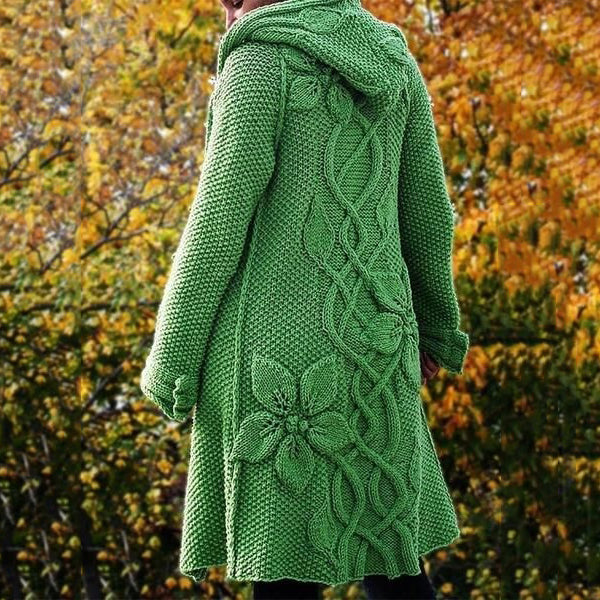 Women'S Floral Jacquard Hooded Sweater Cardigan elevenforest