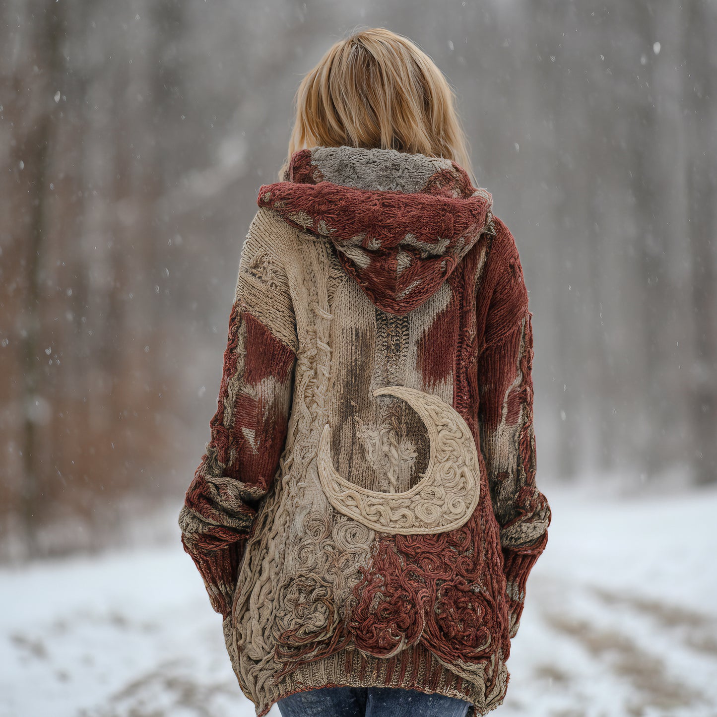 Women's Star And Moon Element Winter Warmth Knit Hooded Cardigan Sweater Jacket artswardrobe