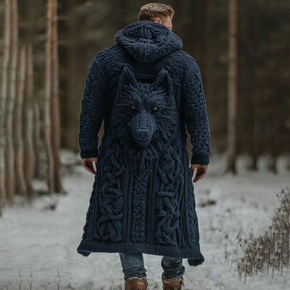 Men's Viking Wolf Celtic Knot Art Pocket Mid-length Cardigan Sweater artswardrobe