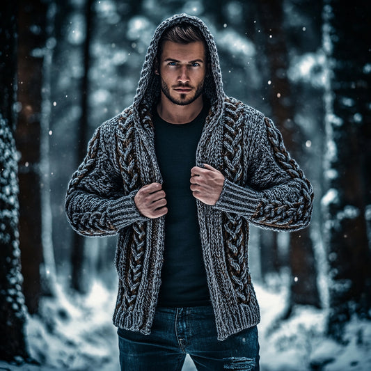 Men's Vintage Celtic Knot Jacquard Chunky Knit Cozy Zip Up Cardigan Sweater elevenforest