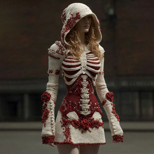 Comstylish Vintage Skeleton Bones With Rose Women's Knit Hooded Sweater Dress