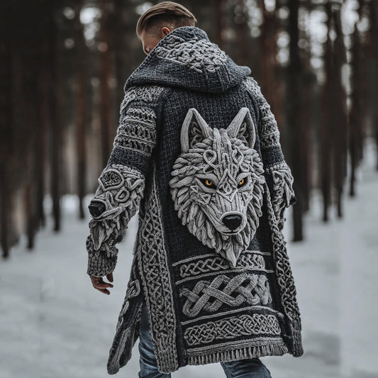 Men's Viking Style Celtic Knot Wolf Head Sweater Cardigan artswardrobe