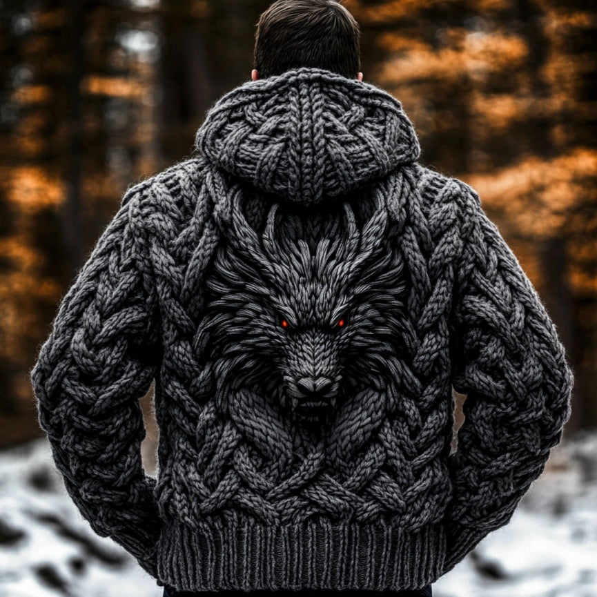 Men's Viking Dragon Totem Chunky Knit Hooded Cardigan artswardrobe