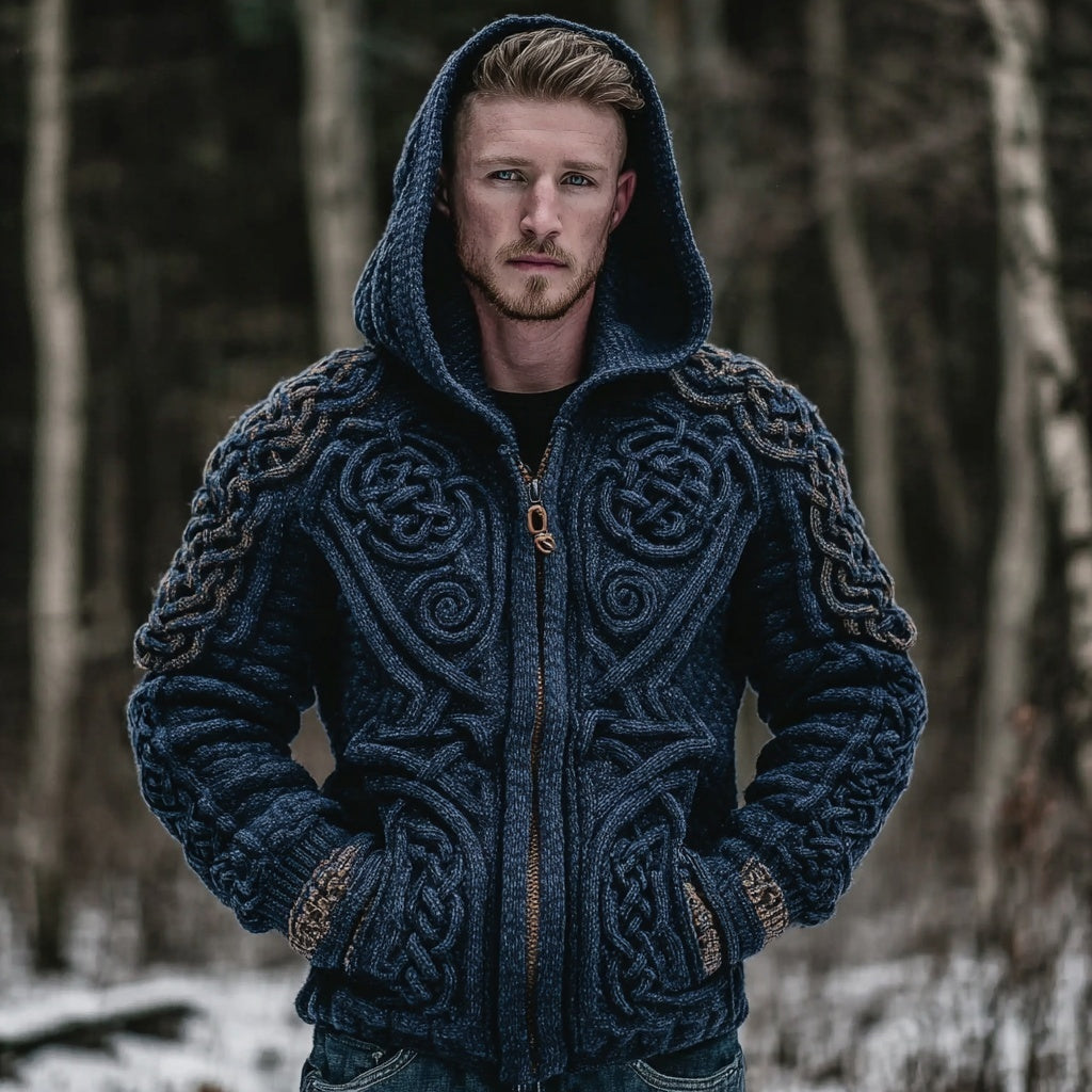 Men's Viking Celtic Jacquard Chunky Sweater Cardigan artswardrobe