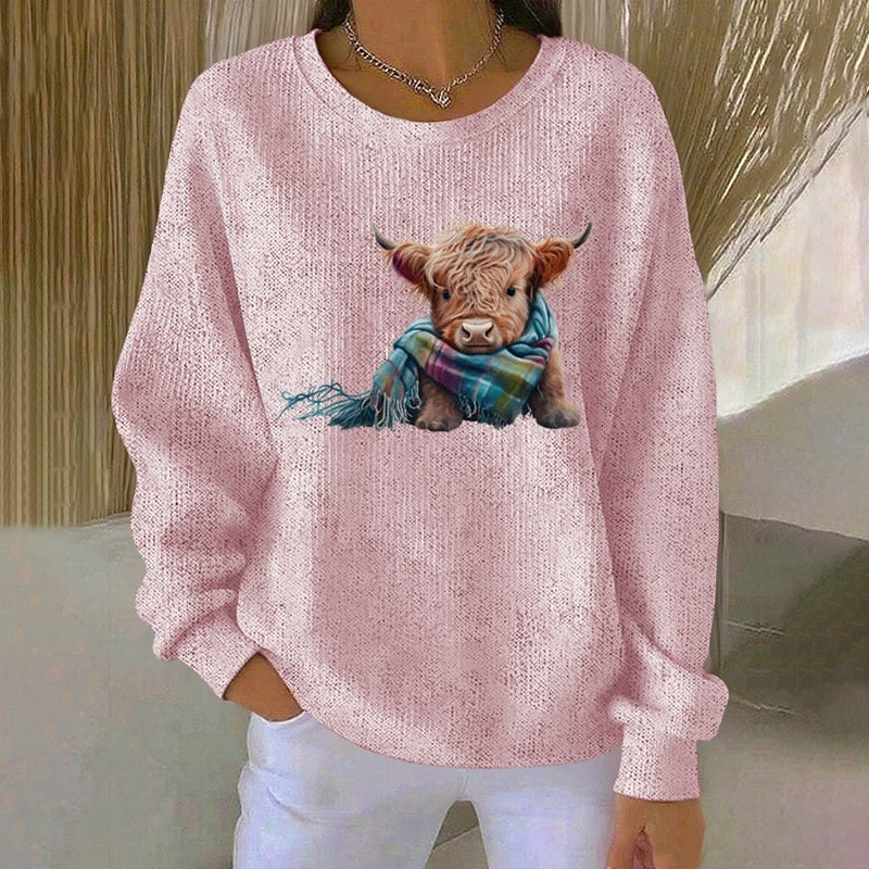 Women's Highland Cow Print Crew Neck Long Sleeve Casual Sweatshirt artswardrobe