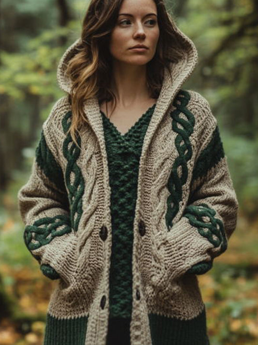 Women's Celtic Knot Vintage Cozy Knit Hooded Cardigan elevenforest