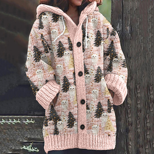 Comstylish Christmas Tree Cat Print Long Sleeve Knitted Hooded Cardigan