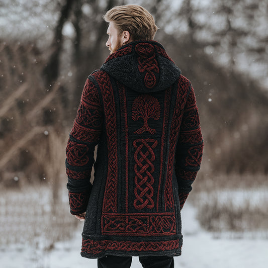 Men's Retro Tree Of Life Celtic Knot Art Jacquard Chunky Knitted Cozy Hooded Cardigan elevenforest