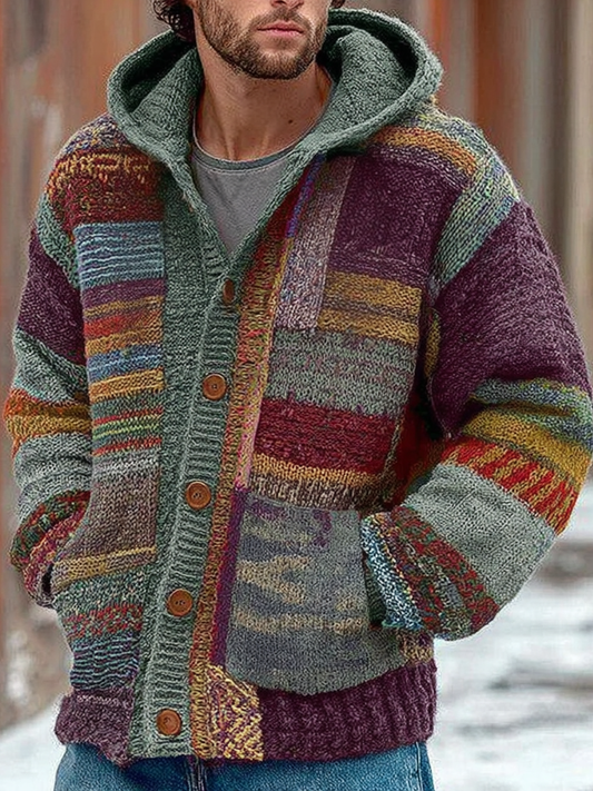 Men's Colorblock Patchwork Cozy Knit Jacquard Fairman Island Jacquard Thick Warm Hooded Sweater Cardigan elevenforest
