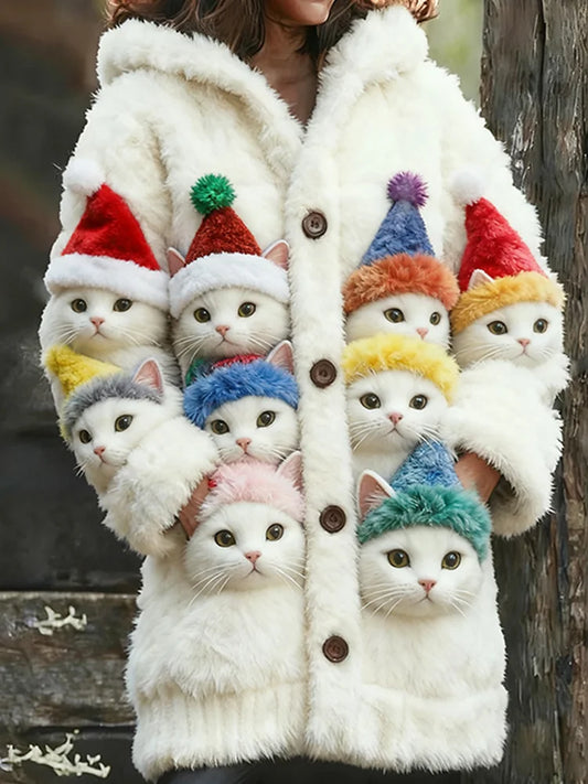 Women's Funny Cats Pattern Art Print Casual Fleece Coat