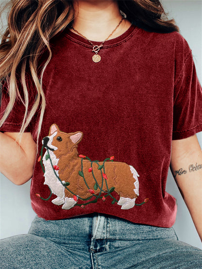 Comstylish Funny Christmas Corgi Dog Embroidered Washed T Shirt