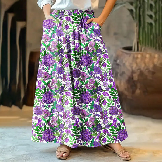 Women's Purple Flowers Embroidery Art Linen Blend Skirt artswardrobe