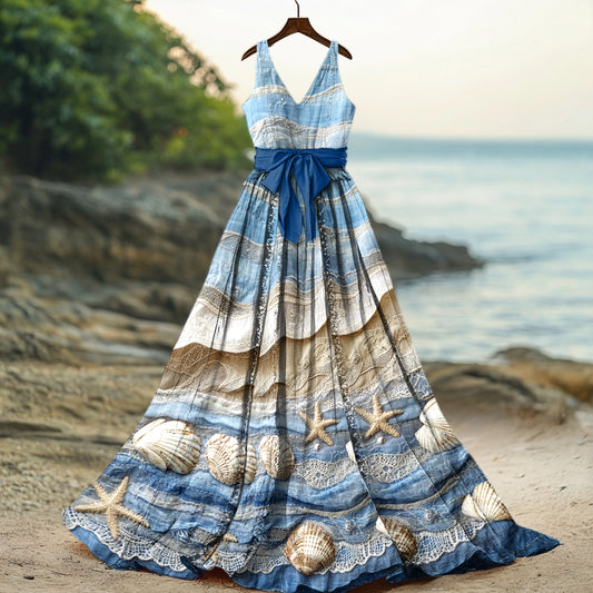 Women's Starfish & Sea Shells Sea Waves Art Linen Tank Midi Dress artswardrobe