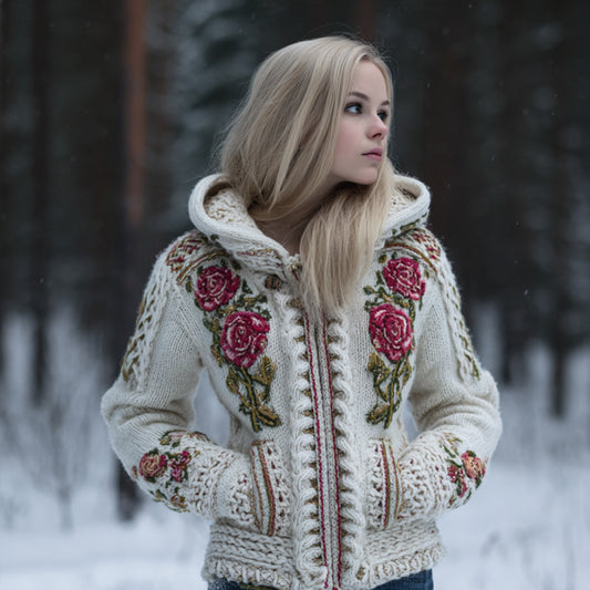 Viking Style Celtic Knot Rose Hooded Cardigan Sweater artswardrobe