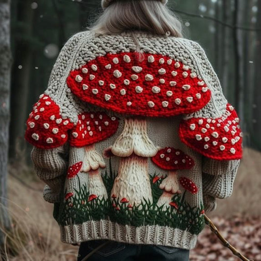 Comstylish Vintage Mushroom Art Chunky Knitted Button Cardigan