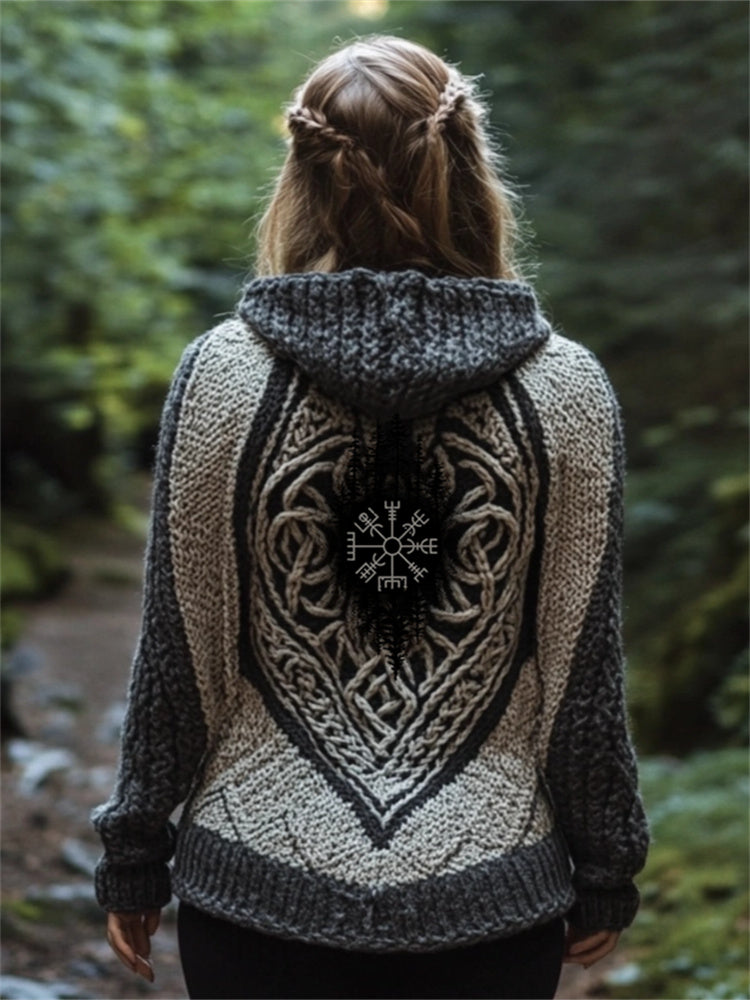 Vintage Viking Vegvisir Celtic Cozy Chunky Hooded Cardigan elevenforest