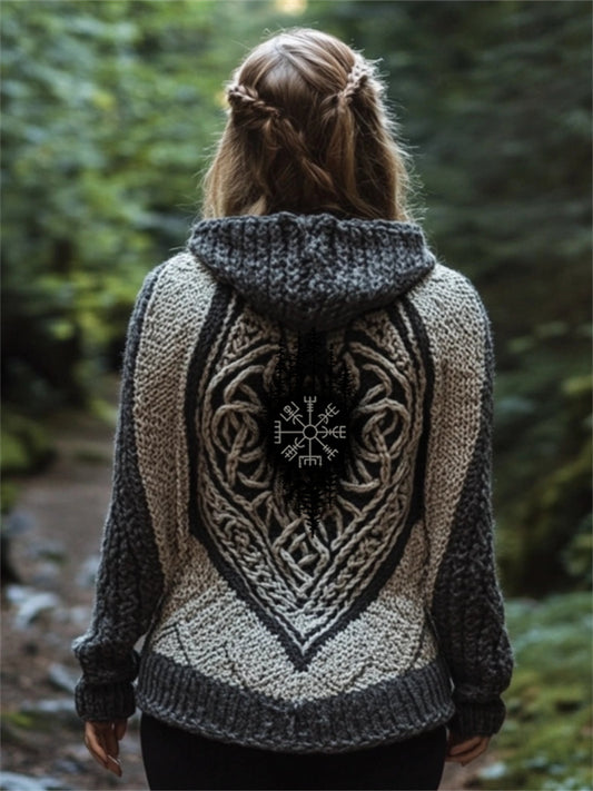 Vintage Viking Vegvisir Celtic Cozy Chunky Hooded Cardigan elevenforest
