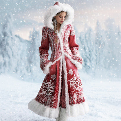 Comstylish Christmas Fashion Snowflake Pattern Women's Plush Coat
