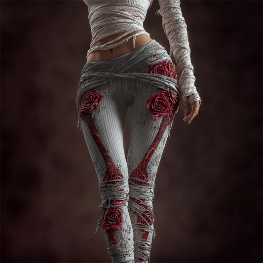 Comstylish Classy Skeleton Anatomy Bloody Roses Bandages Knit Leggings