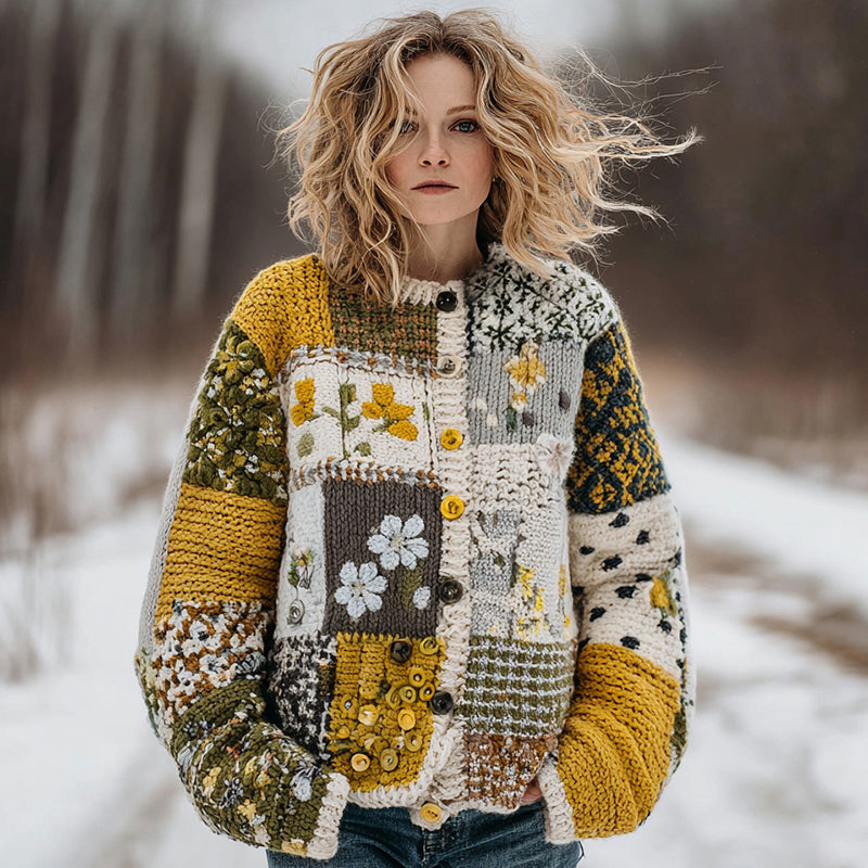 Women's Floral Heart Patchwork Button Warm Cardigan Sweater artswardrobe