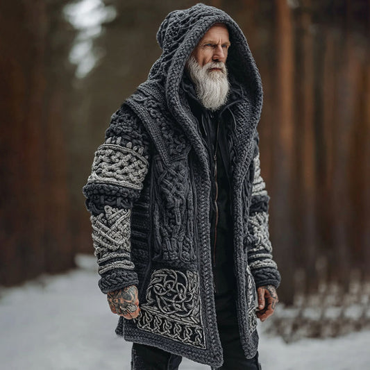 Men's Viking Celtic Knot Contrast Jacquard Cozy Midi Cardigan Sweater artswardrobe