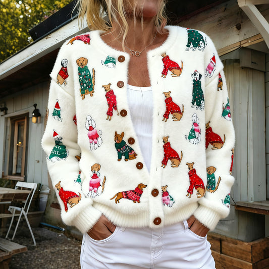 Comstylish Christmas Puppy Women's Comfortable Cardigan Sweater