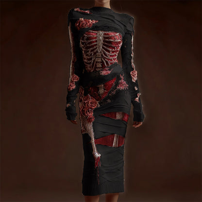 Comstylish Classy Skeleton Anatomy Bloody Roses Bandages Maxi Sweater Dress