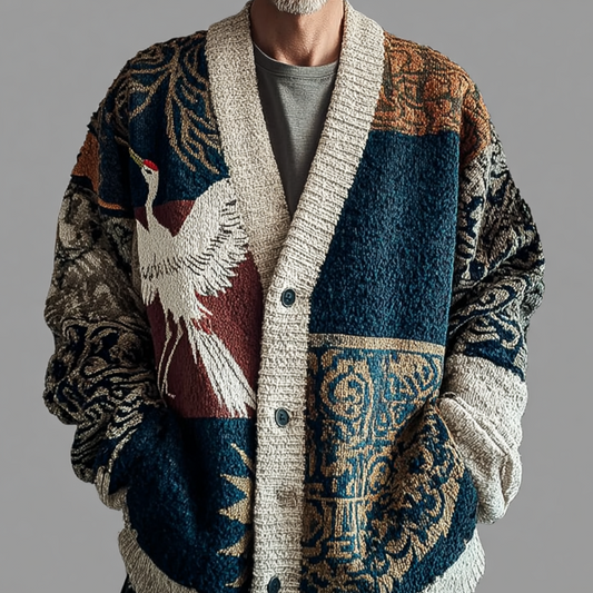 Japanese Art Style Crane And Geometric Color Block Plant Flower Pattern Men's Retro Cardigan Sweater Jacket elevenforest