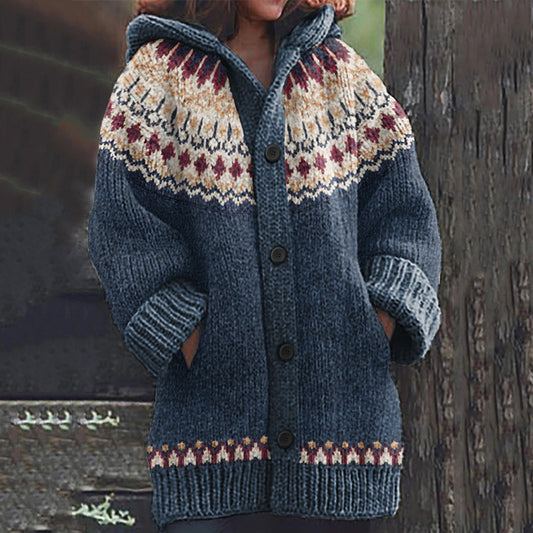 Vintage Icelandic Ethnic Pattern Knitted Hooded Cardigan elevenforest