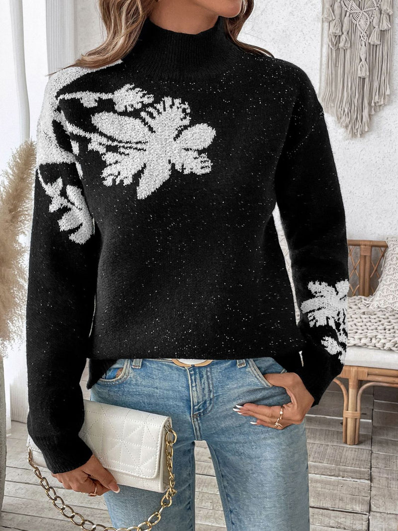 Jersey de algodón con cuello alto y diseño jacquard floral monocromo