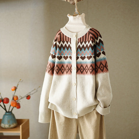 Vintage Geometric Jacquard Round Neck Button Sweater Cardigan elevenforest