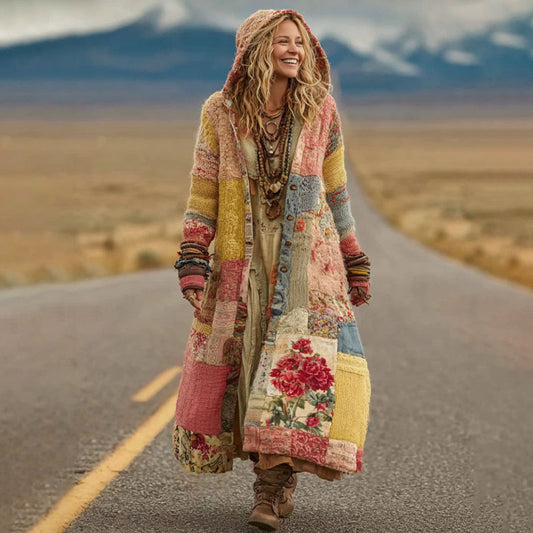 Women's Vintage Patchwork Floral Art Cozy Knit Hooded Long Cardigan artswardrobe