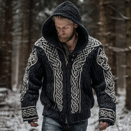 Men's Vintage Viking Celtic Knot Art Zip-up Chunky Knit Hooded Cardigan artswardrobe