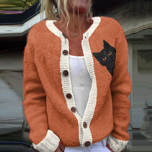 Vintage Peek-A-Boo Hiding Black Cat Printed Comfortable Sweater Knit Cardigan elevenforest