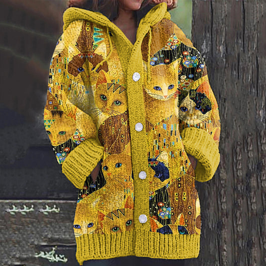 Vintage Cats Art Button Cozy Cardigan Sweater elevenforest
