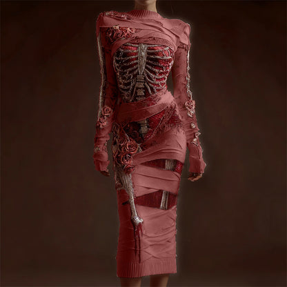 Comstylish Classy Skeleton Anatomy Bloody Roses Bandages Maxi Sweater Dress
