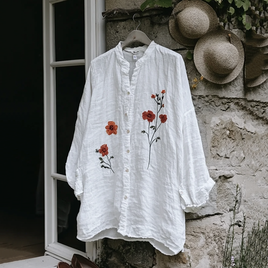 Comstylish Vintage Floral Embroidery Art Button Cotton Linen Blend Loose Blouse