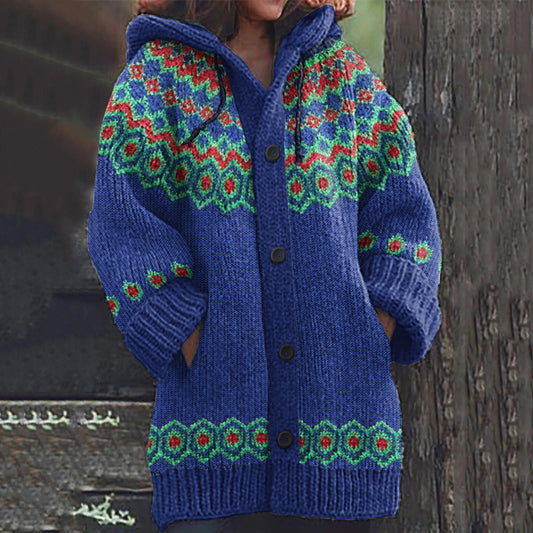 Vintage Fairman Island Geometric Print Hooded Sweater Cardigan elevenforest