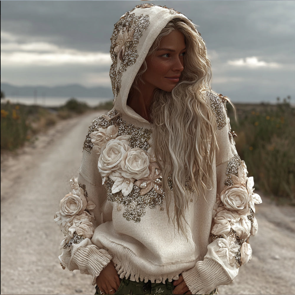 Comstylish Rose Embroidery Sequin Casual Long-sleeved Hoodie