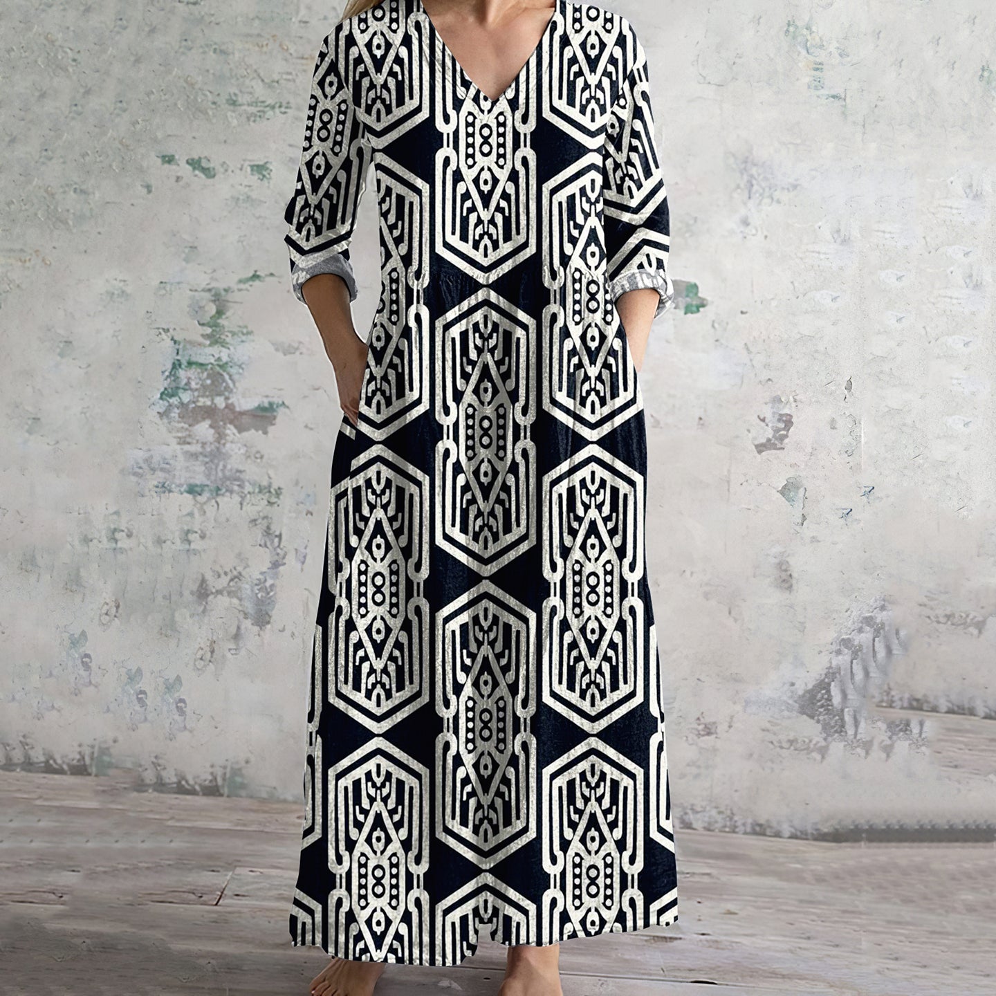 Geometric Print V-neck Linen Blend Midi Dress artswardrobe