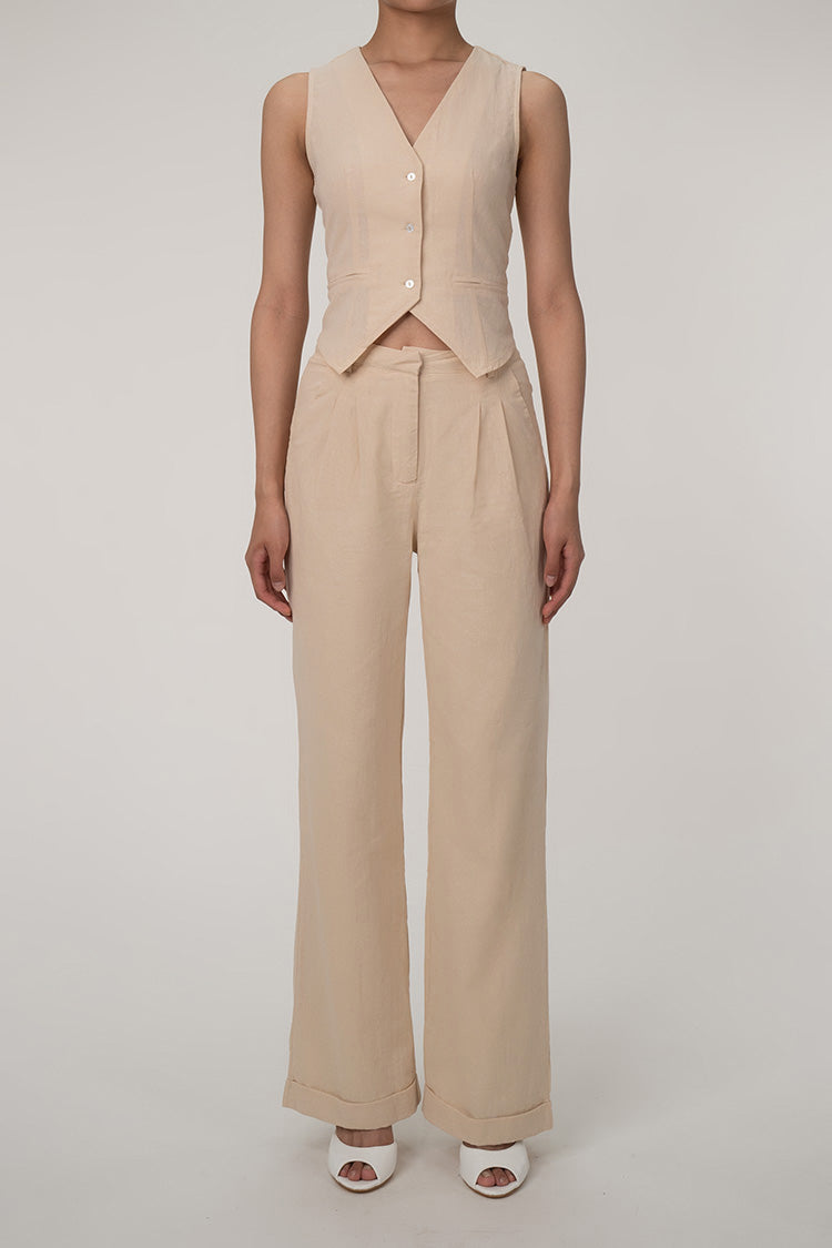 CM | Casual V-cuello botón delantero chaleco de pierna ancha de dos piezas de algodón pantalones plisados conjunto
