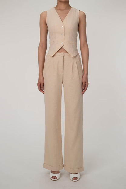 CM | Casual V-cuello botón delantero chaleco de pierna ancha de dos piezas de algodón pantalones plisados conjunto