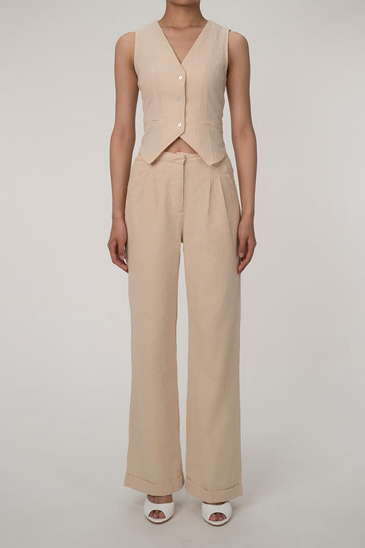 CM | Casual V-cuello botón delantero chaleco de pierna ancha de dos piezas de algodón pantalones plisados conjunto